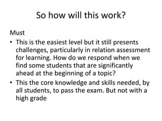 So how will this work?
Must
• This is the easiest level but it still presents
challenges, particularly in relation assessment
for learning. How do we respond when we
find some students that are significantly
ahead at the beginning of a topic?
• This the core knowledge and skills needed, by
all students, to pass the exam. But not with a
high grade
 