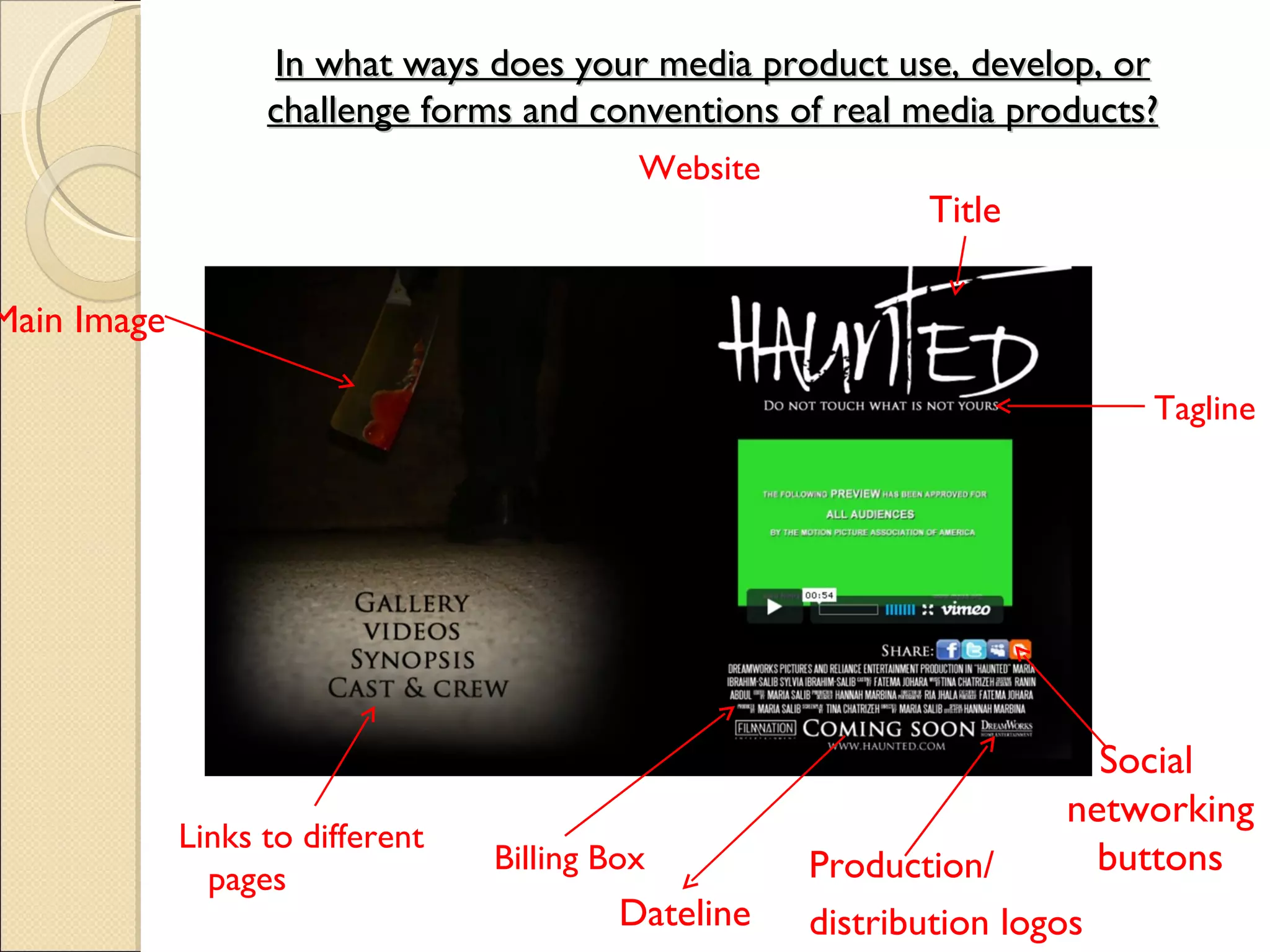 In what ways does your media product use, develop, or challenge forms and conventions of real media products? Website Title Tagline Production/ distribution logos Social networking buttons Links to different pages Billing Box Main Image Dateline 