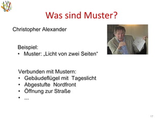 Was sind Muster?
17
Christopher Alexander
Beispiel:
• Muster: „Licht von zwei Seiten“
Verbunden mit Mustern:
• Gebäudeflügel mit Tageslicht
• Abgestufte Nordfront
• Öffnung zur Straße
• ...
 