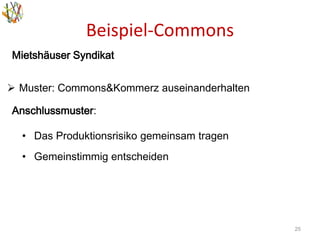 Beispiel-Commons
25
Mietshäuser Syndikat
 Muster: Commons&Kommerz auseinanderhalten
Anschlussmuster:
• Das Produktionsrisiko gemeinsam tragen
• Gemeinstimmig entscheiden
 