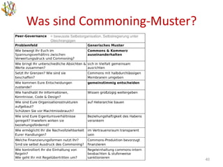 Was sind Commoning-Muster?
40
= bewusste Selbstorganisation, Selbstregierung unter
Gleichrangigen
 