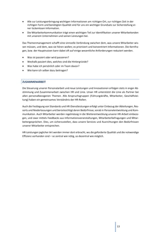 13
• Alle zur Leistungserbringung wichtigen Informationen am richtigen Ort, zur richtigen Zeit in der
richtigen Form und benötigten Qualität sind für uns ein wichtiger Grundsatz zur Sicherstellung ei-
ner lückenlosen Information.
• Die Mitarbeiterkommunikation trägt einen wichtigen Teil zur Identifikation unserer Mitarbeitenden
mit unserem Unternehmen und seinen Leistungen bei.
Das Themenmanagement schafft eine sinnvolle Verbindung zwischen dem, was unsere Mitarbeiter wis-
sen müssen, und dem, was sie hören wollen; es priorisiert und konzentriert Informationen. Die Kernfra-
gen, bzw. der Hauptnutzen kann dabei oft auf einige wesentliche Anforderungen reduziert werden.
• Was ist passiert oder wird passieren?
• Weshalb passiert dies, welches sind die Hintergründe?
• Was habe ich persönlich oder im Team davon?
• Wie kann ich selber dazu beitragen?
ZUSAMMENARBEIT
Die Steuerung unserer Personalarbeit und neue Leistungen und Innovationen erfolgen stets in enger Ab-
stimmung und Zusammenarbeit zwischen HR und Linie. Unser HR unterstützt die Linie als Partner bei
allen personalbezogenen Themen. Alle Anspruchsgruppen (Führungskräfte, Mitarbeiter, Geschäftslei-
tung) haben ein gemeinsames Verständnis der HR-Rollen.
Auch die Festlegung von Standards und HR-Dienstleistungen erfolgt unter Einbezug der Abteilungen, Res-
sorts und Niederlassungen und berücksichtigt deren Bedürfnisse, vorab in Personalentwicklung und Kom-
munikation. Auch Mitarbeiter werden regelmässig in die Weiterentwicklung unserer HR-Arbeit einbezo-
gen, und zwar mittels Feedbacks aus Informationsveranstaltungen, Mitarbeiterbefragungen und Mitar-
beitergesprächen. Dies, um sicherzustellen, dass unsere Services und Ausrichtungen den Bedürfnissen
unserer Mitarbeiter entsprechen.
HR-Leistungen jeglicher Art werden immer dort erbracht, wo die geforderte Qualität und die notwendige
Effizienz vorhanden sind – so zentral wie nötig, so dezentral wie möglich.
 