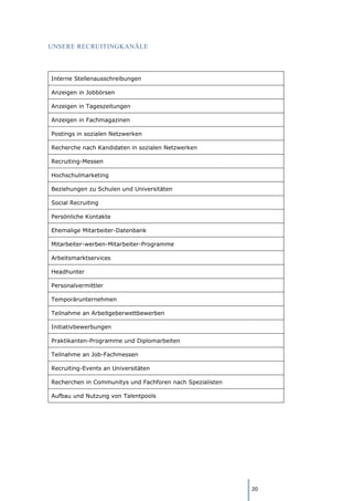 20
UNSERE RECRUITINGKANÄLE
Interne Stellenausschreibungen
Anzeigen in Jobbörsen
Anzeigen in Tageszeitungen
Anzeigen in Fachmagazinen
Postings in sozialen Netzwerken
Recherche nach Kandidaten in sozialen Netzwerken
Recruiting-Messen
Hochschulmarketing
Beziehungen zu Schulen und Universitäten
Social Recruiting
Persönliche Kontakte
Ehemalige Mitarbeiter-Datenbank
Mitarbeiter-werben-Mitarbeiter-Programme
Arbeitsmarktservices
Headhunter
Personalvermittler
Temporärunternehmen
Teilnahme an Arbeitgeberwettbewerben
Initiativbewerbungen
Praktikanten-Programme und Diplomarbeiten
Teilnahme an Job-Fachmessen
Recruiting-Events an Universitäten
Recherchen in Communitys und Fachforen nach Spezialisten
Aufbau und Nutzung von Talentpools
 