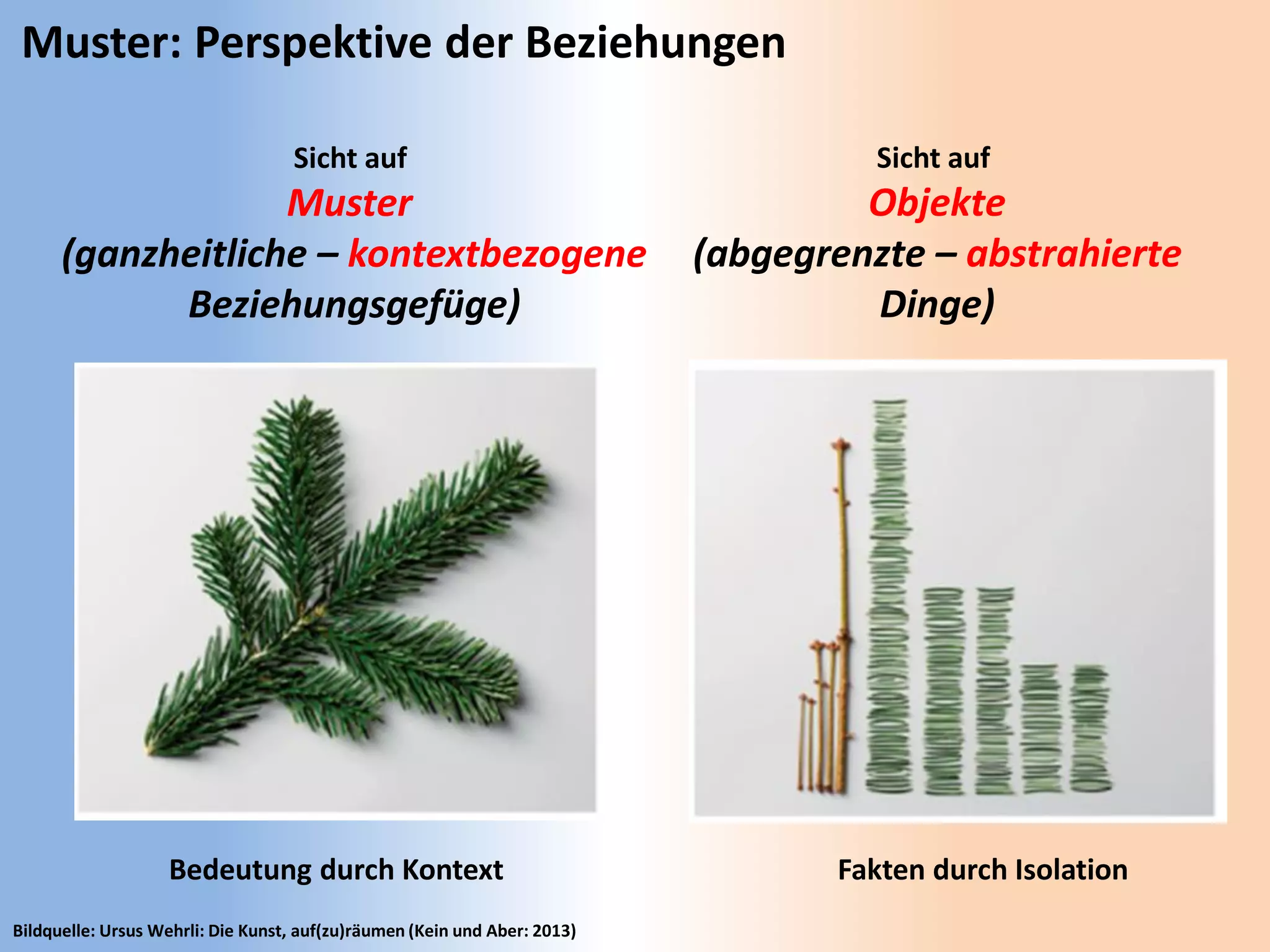 Fakten durch Isolation
Bildquelle: Ursus Wehrli: Die Kunst, auf(zu)räumen (Kein und Aber: 2013)
Bedeutung durch Kontext
Muster: Perspektive der Beziehungen
Sicht auf
Objekte
(abgegrenzte – abstrahierte
Dinge)
Sicht auf
Muster
(ganzheitliche – kontextbezogene
Beziehungsgefüge)
 