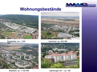 Wohnungsbestände

Burgbreite: ca. 1.100
WE

Harzblick: ca. 500 WE

10
Stadtfeld: ca. 1.100 WE

Ilsenburger Str. : ca. 100

 
