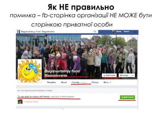 Як НЕ правильно
помилка – fb-сторінка організації НЕ МОЖЕ бути
сторінкою приватної особи
 