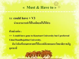« Must & Have to »
5.1   could have + V3
      น่ าจะสามารถทาได้ ในอดีต(แต่ ไม่ ได้ ทา)

ตัวอย่ างเช่ น :
>> I could have gone to Kasetsart University but I preferred
UdonThaniRajabhat University.
   ฉันว่ าฉันเข้ าเกษตรศาสตร์ ได้ นะแต่ ฉันชอบมหาวิทยาลัยราชภัฏ
อุดรธานี
 