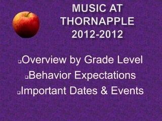    Overview by Grade Level
     Behavior Expectations
   Important Dates & Events
 