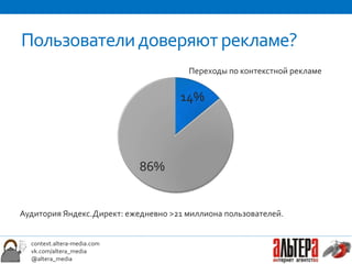 Пользователи доверяют рекламе?
                                       Переходы по контекстной рекламе


                                     14%




                             86%


Аудитория Яндекс.Директ: ежедневно >21 миллиона пользователей.


  context.altera-media.com
  vk.com/altera_media
  @altera_media
 