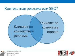 Контекстная реклама или SEO?


                            Кликают по
            Кликают по       ссылкам в
            контекстной         поиске
            рекламе



 context.altera-media.com
 vk.com/altera_media
 @altera_media
 