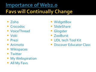 Zoho Crocodoc VoiceThread Voki Prezi Animoto Wikispaces Twitter My Webspiration All My Favs WidgetBox SlideShare Glogster ZooBurst UDL tech Tool Kit Discover Educator Classroom Resources