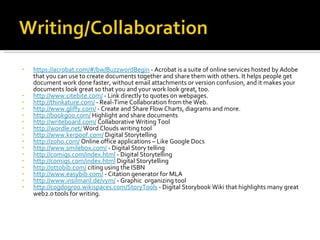 https://acrobat.com/#/bw/BuzzwordBegin  - Acrobat is a suite of online services hosted by Adobe that you can use to create documents together and share them with others. It helps people get document work done faster, without email attachments or version confusion, and it makes your documents look great so that you and your work look great, too. http ://www.citebite.com/  - Link directly to quotes on webpages. http://thinkature.com/  - Real-Time Collaboration from the Web. http://www.gliffy.com/  - Create and Share Flow Charts, diagrams and more. http://bookgoo.com/  Highlight and share documents http://writeboard.com/  Collaborative Writing Tool http://wordle.net/  Word Clouds writing tool http://www.kerpoof.com/  Digital Storytelling http://zoho.com/  Online office applications – Like Google Docs http://www.smilebox.com/  - Digital Story telling http://comiqs.com/index.html  - Digital Storytelling http://comiqs.com/index.html  Digital Storytelling http://ottobib.com/  citing using the ISBN http://www.easybib.com/  - Citation generator for MLA http://www.insilmaril.de/vym/  - Graphic  organizing tool http://cogdogroo.wikispaces.com/StoryTools  - Digital Storybook Wiki that highlights many great web2.0 tools for writing. 