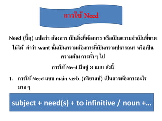 Need (นี๊ดฺ) แปลว่า ต้องการ เป็ นสิ่งที่ต้องการ หรือเป็ นความจาเป็ นที่ขาด
ไม่ได้ คาว่า want นั้นเป็ นความต้องการที่เป็ นความปรารถนา หรือเป็ น
ความต้องการทั่วๆ ไป
การใช้ Need มีอยู่ 3 แบบ ดังนี้
1. การใช้ Need แบบ main verb (กริยาแท้) เป็ นการต้องการอะไร
มากๆ
มีโครงสร้างประโยค ดังนี้
subject + need(s) + to infinitive / noun +…
การใช้ Need
 