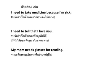 ตัวอย่าง เช่น
I need to take medicine because I'm sick.
= (ฉันจาเป็นต้องกินยาเพราะฉันไม่สบาย)
I need to tell that I love you.
= (ฉันจาเป็นต้องบอกรักคุณให้ได้)
(ถ้าไม่ได้บอก รักคุณ ฉันอาจจะตาย)
My mom needs glasses for reading.
= (แม่ต้องการแว่นตา เพื่ออ่านหนังสือ)
 