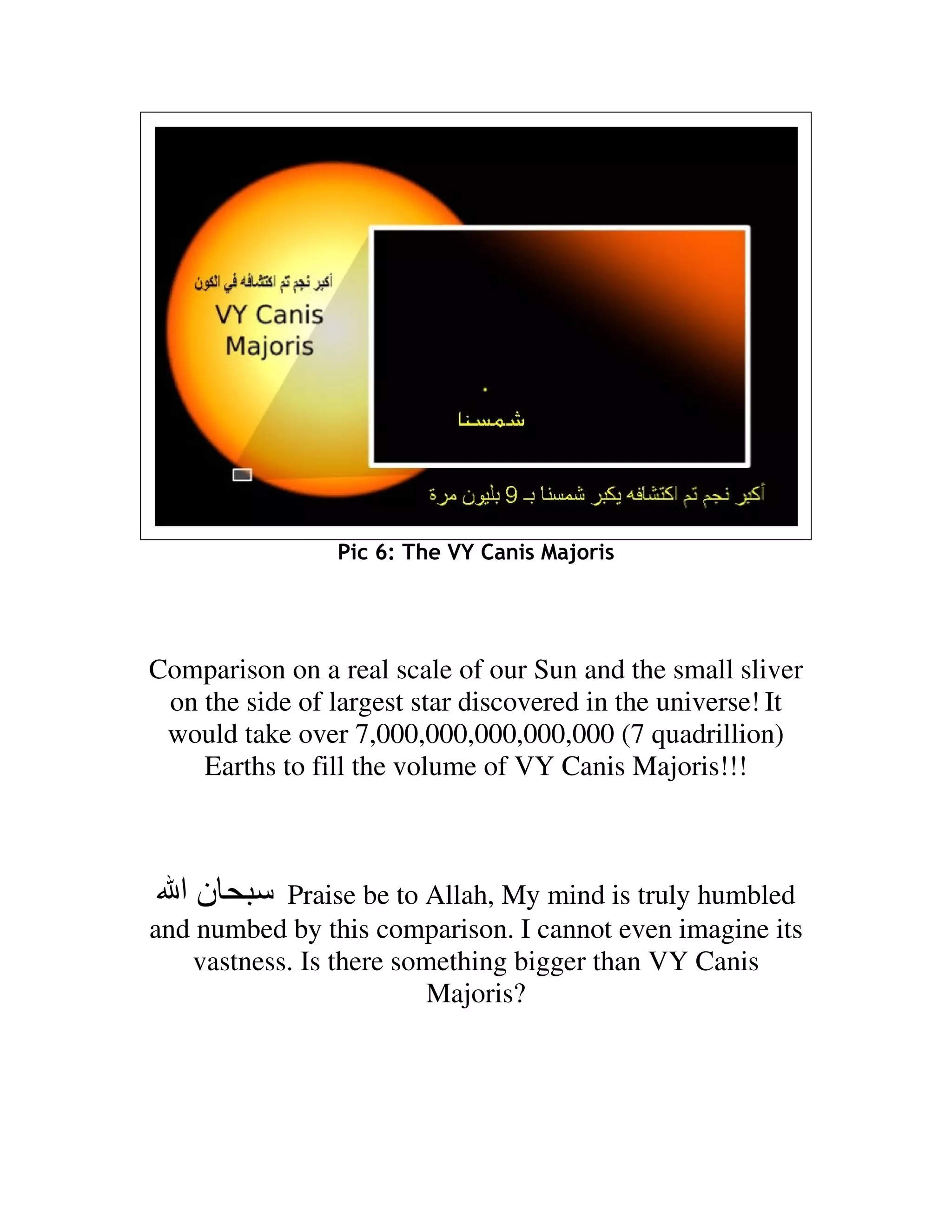 Pic 6: The VY Canis Majoris




Comparison on a real scale of our Sun and the small sliver
 on the side of largest star discovered in the universe! It
 would take over 7,000,000,000,000,000 (7 quadrillion)
    Earths to fill the volume of VY Canis Majoris!!!



  ‫نا‬       Praise be to Allah, My mind is truly humbled
and numbed by this comparison. I cannot even imagine its
   vastness. Is there something bigger than VY Canis
                        Majoris?
 