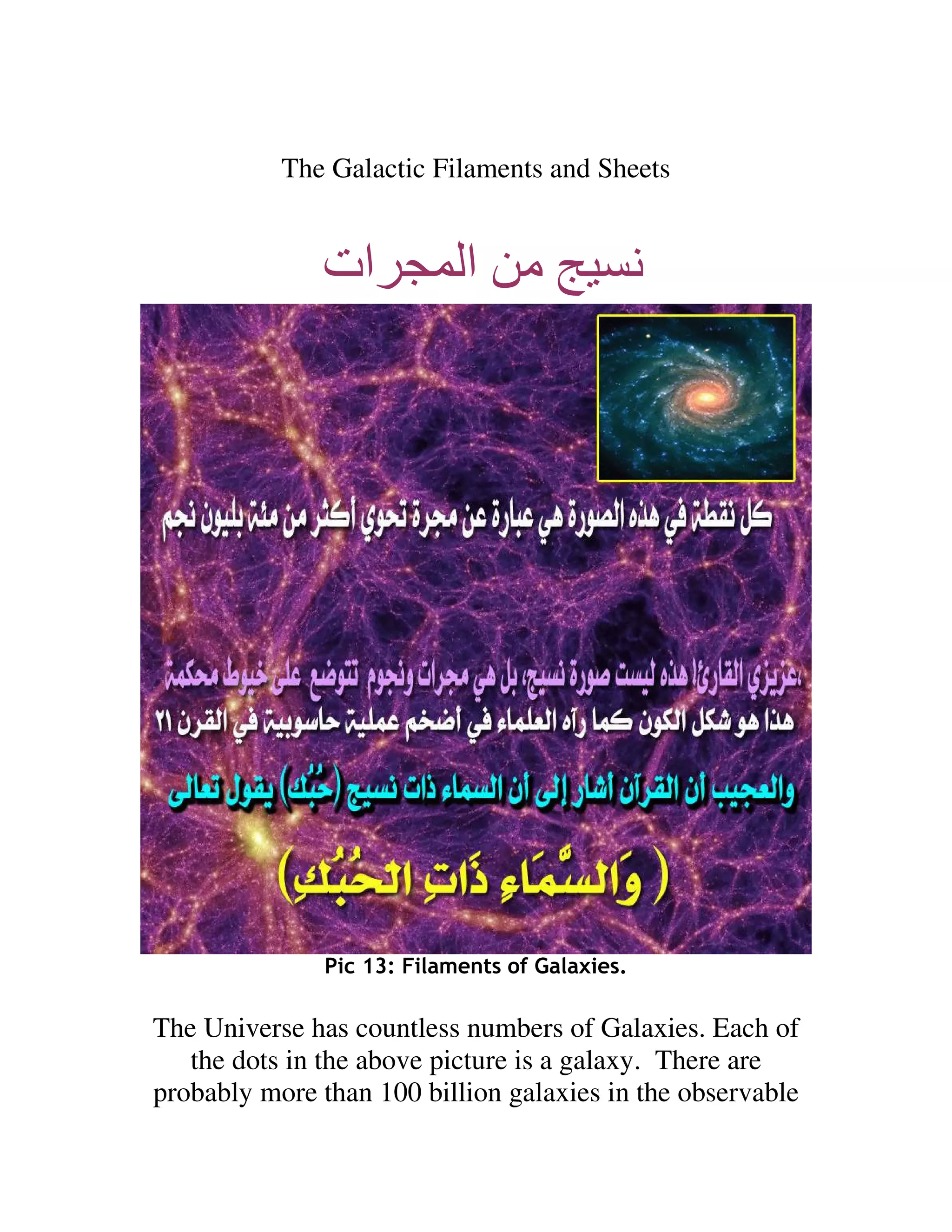 The Galactic Filaments and Sheets


              ‫ات‬            ‫ﻡ ا‬                 ‫ﻥ‬




               Pic 13: Filaments of Galaxies.

The Universe has countless numbers of Galaxies. Each of
   the dots in the above picture is a galaxy. There are
probably more than 100 billion galaxies in the observable
 