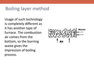 Boiling layer method
Usage of such technology
is completely different as
it has another type of
furnace. The combustion
air comes from the
bottom, so the burning
waste gives the
impression of boiling
process.

 