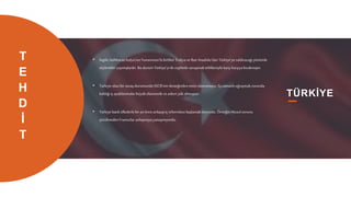 19
TÜRKİYE
• İngiliz istihbaratı İtalya’nınYunanistan’labirlikte Trakyave Batı Anadolu’dan Türkiye’ye saldıracağıyönünde
söylentiler yaymışlardır. Bu durum Türkiye’yiikicephede savaşmak tehlikesiylekarşıkarşıyabırakmıştır.
• Türkiye olası bir savaşdurumunda SSCB’nin desteğinden emin olamamıştır. Eş zamanlı uğraşmakzorunda
kaldığıiç ayaklanmalarbüyük ekonomik ve askeriyük olmuştur.
• Türkiye batılı ülkelerle bir an önce anlaşıpiç reformlara başlamakistiyordu. Örneğin Musul sorunu
çözülmeden Fransızlar anlaşmayayanaşmıyordu.
T
E
H
D
İ
T
 