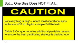 Page12
But… One Size Does NOT Fit All…
Not everything is “big” – in fact, most operational apps’
tables are NOT too big for a simple Full Refresh
Divide & Conquer requires additional per-table research
to ensure the best partitioning strategy is decided upon
 