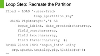 Page32
Loop Step: Recreate the Partition
2load = LOAD '/user/fred/
temp_$partition_key'
USING PigStorage(',') AS
( bogus_id:int, date_created:chararray,
field_one:chararray,
field_two:chararray,
field_three:chararray );
STORE 2load INTO 'bogus_info' using
org.apache.hcatalog.pig.HCatStorer();
 