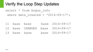 Page33
Verify the Loop Step Updates
select * from bogus_info
where date_created = '2014-09-17’;
11 base base base 2014-09-17
12 base CHANGED base 2014-09-17
13 base base base 2014-09-17
 
