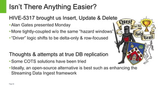 Page38
Isn’t There Anything Easier?
HIVE-5317 brought us Insert, Update & Delete
•Alan Gates presented Monday
•More tightly-coupled w/o the same “hazard windows”
•“Driver” logic shifts to be delta-only & row-focused
Thoughts & attempts at true DB replication
•Some COTS solutions have been tried
•Ideally, an open-source alternative is best such as enhancing the
Streaming Data Ingest framework
 