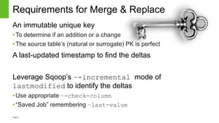 Page8
Requirements for Merge & Replace
An immutable unique key
•To determine if an addition or a change
•The source table’s (natural or surrogate) PK is perfect
A last-updated timestamp to find the deltas
Leverage Sqoop’s –-incremental mode of
lastmodified to identify the deltas
•Use appropriate –-check-column
•“Saved Job” remembering –last-value
 