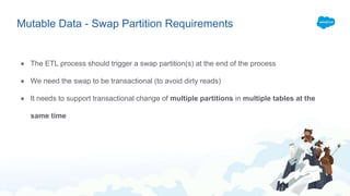 Mutable Data - Swap Partition Requirements
● The ETL process should trigger a swap partition(s) at the end of the process
● We need the swap to be transactional (to avoid dirty reads)
● It needs to support transactional change of multiple partitions in multiple tables at the
same time
 
