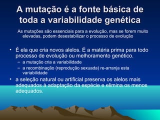 A mutação éé aa ffoonnttee bbáássiiccaa ddee 
ttooddaa aa vvaarriiaabbiilliiddaaddee ggeennééttiiccaa 
As mutações são essenciais para a evolução, mas se forem muito 
elevadas, podem desestabilizar o processo de evolução 
• É ela que cria novos alelos. É a matéria prima para todo 
processo de evolução ou melhoramento genético. 
– a mutação cria a variabilidade 
– a recombinação (reprodução sexuada) re-arranja esta 
variabilidade 
• a seleção natural ou artificial preserva os alelos mais 
adequados à adaptação da espécie e elimina os menos 
adequados. 
 