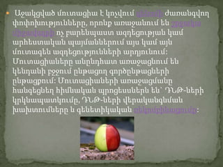  Աջակցված մուտացիա է կոչվում գենոմի ժառանգվող
 փոփոխությունները, որոնք առաջանում են շրջակա
 միջավայրի ոչ բարենպաստ ազդեցության կամ
 արհեստական պայմաններում այս կամ այն
 մուտագեն ազդեցությունների արդյունում:
 Մուտացիաները անընդհատ առաջացնում են
 կենդանի բջջում ընթացող գործընթացների
 ընթացքում: Մուտացիաների առաջացմանը
 հանգեցնեղ հիմնական պրոցեսսներն են` ԴՆԹ-ների
 կրկնապատկումը, ԴՆԹ-ների վերականգնման
 խախտումները և գենետիկական ռեկոմբինացումը:
 