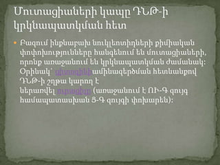  Բազում ինքնաբախ նուկլեոտիդների քիմիական
 փոփոխությունները հանգենում են մուտացիաների,
 որոնք առաջանում են կրկնապատկման ժամանակ:
 Օրինակ` ցիտոզինիամինազերծման հետևանքով
 ԴՆԹ-ի շղթա կարող է
 ներառվել ուրացիլը (առաջանում է ՈՒ-Գ զույգ
 համապատասխան Ց-Գ զույգի փոխարեն):
 