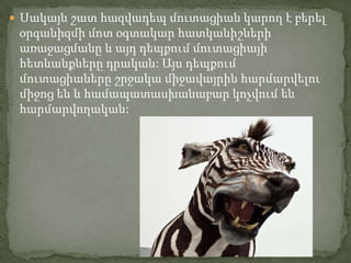  Սակայն շատ հազվադեպ մուտացիան կարող է բերել
 օրգանիզմի մոտ օգտակար հատկանիշների
 առաջացմանը և այդ դեպքում մուտացիայի
 հետևանքները դրական: Այս դեպքում
 մուտացիաները շրջակա միջավայրին հարմարվելու
 միջոց են և համապատասխանաբար կոչվում են
 հարմարվողական:
 