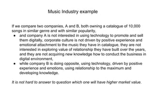 If we compare two companies, A and B, both owning a catalogue of 10,000
songs in similar genre and with similar popularity,
● and company A is not interested in using technology to promote and sell
them digitally, corporate culture is not driven by positive experience and
emotional attachment to the music they have in catalogue, they are not
interested in exploring value of relationship they have built over the years,
and they are not acquiring new knowledge how to conduct the business in
digital environment,
● while company B is doing opposite, using technology, driven by positive
experience and emotions, using relationship to the maximum and
developing knowledge.
It is not hard to answer to question which one will have higher market value.
Music Industry example
 