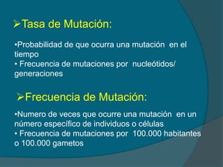 Tasa de Mutación:
Frecuencia de Mutación:
•Probabilidad de que ocurra una mutación en el
tiempo
• Frecuencia de mutaciones por nucleótidos/
generaciones
•Numero de veces que ocurre una mutación en un
número específico de individuos o células
• Frecuencia de mutaciones por 100.000 habitantes
o 100.000 gametos
 
