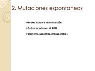 2. Mutaciones espontaneas Errores durante la replicación.