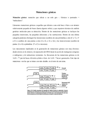 Mutaciones génicas
Mutación génica: mutación que afecta a un solo gen -. Génicas o puntuales =
“moleculares”.
Llamamos mutaciones génicas a aquellas que afectan a una sola base o bien a un número
relativamente pequeño de bases (hasta algunos miles) y que requieren técnicas de análisis
genético molecular para su detección. Dentro de las mutaciones génicas se incluyen las
pequeñas inserciones, las pequeñas deleciones y las sustituciones. Dentro de esta última
categoría podemos distinguir las transiciones (cambios de una pirimidina a otra (C a T, o T
a C) o cambios de una purina a otra (A a G, o G a A)) y las transversiones (cambio de
purina (A o G) a pirimidina (T o C) o viceversa).
Los mecanismos implicados en la generación de mutaciones génicas son muy diversos:
desde errores en la síntesis y la reparación del DNA hasta la acción de mutágenos exógenos
o endógenos y de radiaciones ionizantes. La frecuencia de las mutaciones génicas es de
1x10—10/ par de bases /división celular o bien de 1x10 –5/locus/ generación. Este tipo de
mutaciones son las que se tratan con más detalles en el resto de este tema.
 