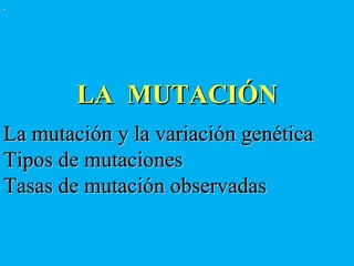 .  LA  MUTACIÓN La mutación y la variación genética  Tipos de mutaciones Tasas de mutación observadas 