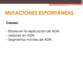 MUTACIONES ESPONTÁNEAS
Causas:

• Errores en la replicación de ADN.
• Lesiones en ADN.
• Segmentos móviles de ADN.
 