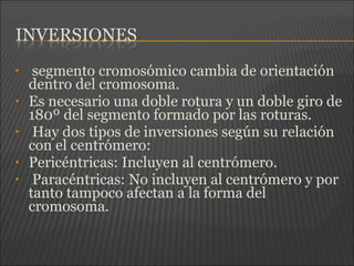 • segmento cromosómico cambia de orientación
dentro del cromosoma.
• Es necesario una doble rotura y un doble giro de
180º del segmento formado por las roturas.
• Hay dos tipos de inversiones según su relación
con el centrómero:
• Pericéntricas: Incluyen al centrómero.
• Paracéntricas: No incluyen al centrómero y por
tanto tampoco afectan a la forma del
cromosoma.
 