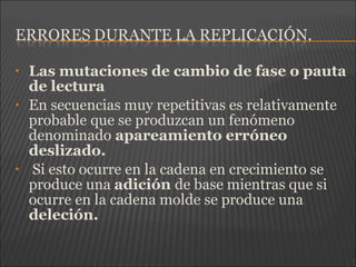 • Las mutaciones de cambio de fase o pauta
de lectura
• En secuencias muy repetitivas es relativamente
probable que se produzcan un fenómeno
denominado apareamiento erróneo
deslizado.
• Si esto ocurre en la cadena en crecimiento se
produce una adición de base mientras que si
ocurre en la cadena molde se produce una
deleción.
 