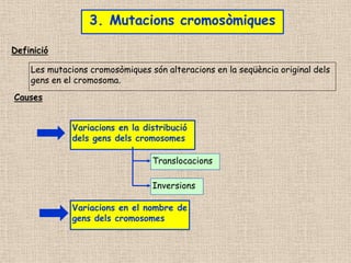3. Mutacions cromosòmiques
Les mutacions cromosòmiques són alteracions en la seqüència original dels
gens en el cromosoma.
Variacions en el nombre de
gens dels cromosomes
Variacions en la distribució
dels gens dels cromosomes
Translocacions
Inversions
Causes
Definició
 