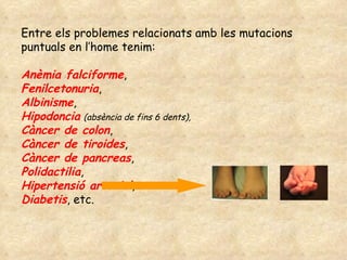Entre els problemes relacionats amb les mutacions puntuals en l’home tenim:  Anèmia falciforme , Fenilcetonuria ,  Albinisme ,  Hipodoncia   (absència de fins 6 dents),   Càncer de colon ,  Càncer de tiroides ,  Càncer de pancreas ,  Polidactilia ,  Hipertensió arterial ,  Diabetis , etc. 