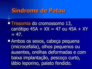 Síndrome de Patau <ul><li>Trissomia  do cromossomo 13, cariótipo 45A + XX = 47 ou 45A + XY = 47. </li></ul><ul><li>Ambos o...