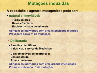 Mutaç ões induzidas natural e  inevitável:   Atingem os indiv íduos com uma intensidade reduzida Provocam baixo nº de mutações Deliberada A exposiç ão a agentes mutagénicos pode ser: Raios solares Raios c ósmicos Radioactividade de minerais - Para fins cient í f icos  (raios X ao serviço da Medicina) - Com objectivos de destruição: Gás mostarda Armas nucleares Atingem os indiv íduos com uma grande intensidade Provocam elevado nº de mutações 