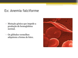 Ex: Anemia falciformeMutação génica que impede a produção de hemoglobina normal.Os glóbulos vermelhos adquirem a forma de foice.