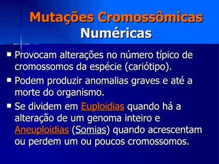 Mutações Cromossômicas Numéricas Provocam alterações no número típico de cromossomos da espécie (cariótipo). Podem produzir anomalias graves e até a morte do organismo. Se dividem em  Euploidias  quando há a alteração de um genoma inteiro e  Aneuploidias  ( Somias ) quando acrescentam ou perdem um ou poucos cromossomos. 
