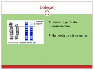 Deleção


    Perda de parte do
     cromossomo.

    Há perda de vários genes.
 