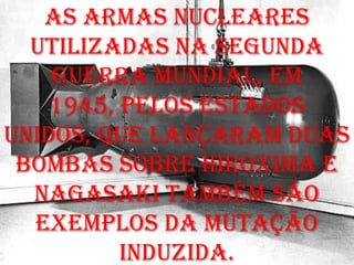 As armas nucleares
  utilizadas na segunda
    guerra mundial, em
    1945, pelos estados
unidos, que lançaram duas
 bombas sobre Hiroxima e
  nagasaki também são
  exemplos da mutação
          induzida.
 