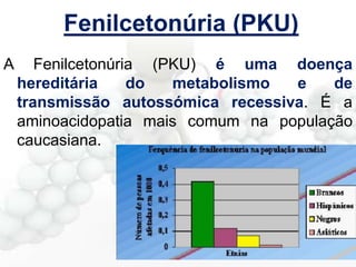 Fenilcetonúria (PKU)
A

Fenilcetonúria (PKU) é uma doença
hereditária
do
metabolismo
e
de
transmissão autossómica recessiva. É a
aminoacidopatia mais comum na população
caucasiana.

 