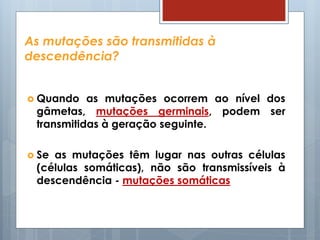 As mutações são transmitidas à
descendência?
 Quando as mutações ocorrem ao nível dos
gâmetas, mutações germinais, podem ser
transmitidas à geração seguinte.
 Se as mutações têm lugar nas outras células
(células somáticas), não são transmissíveis à
descendência - mutações somáticas
 